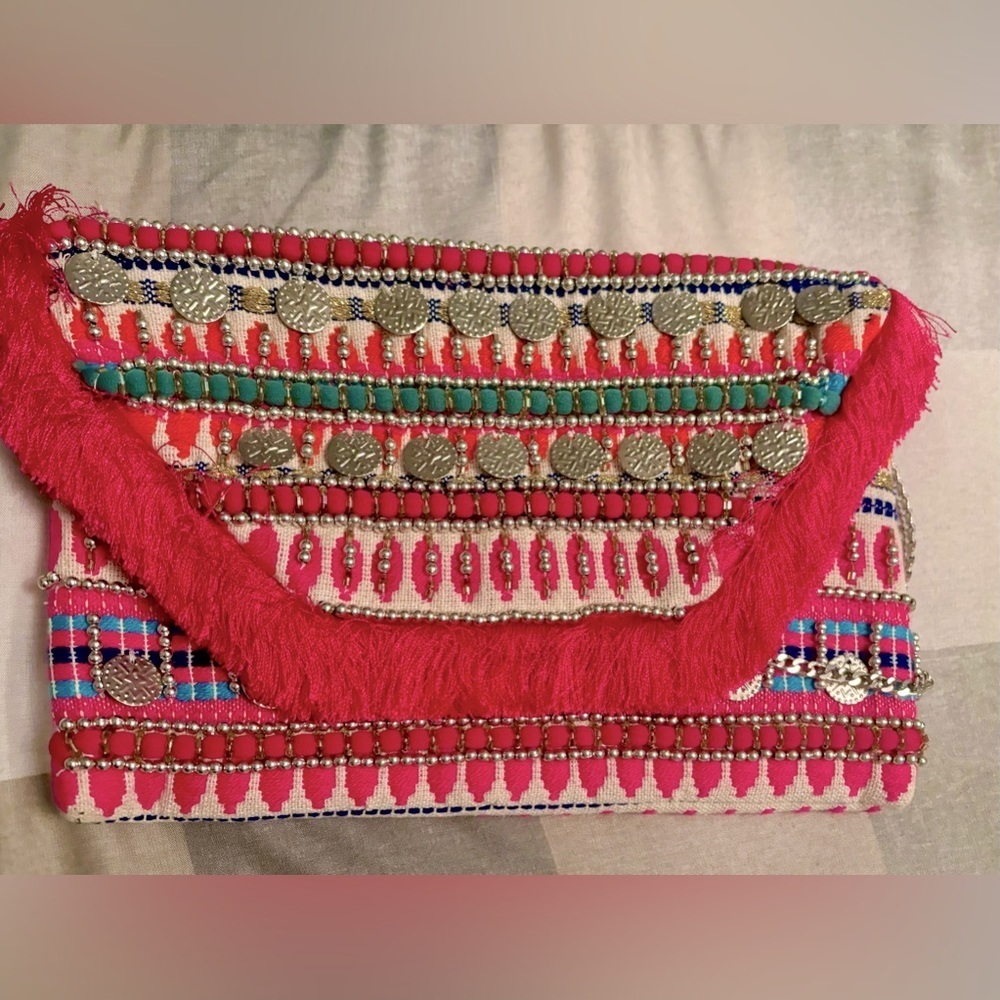 Express BoHo Rustic Pink Fringe Clutch Purse Beaded Ornamental